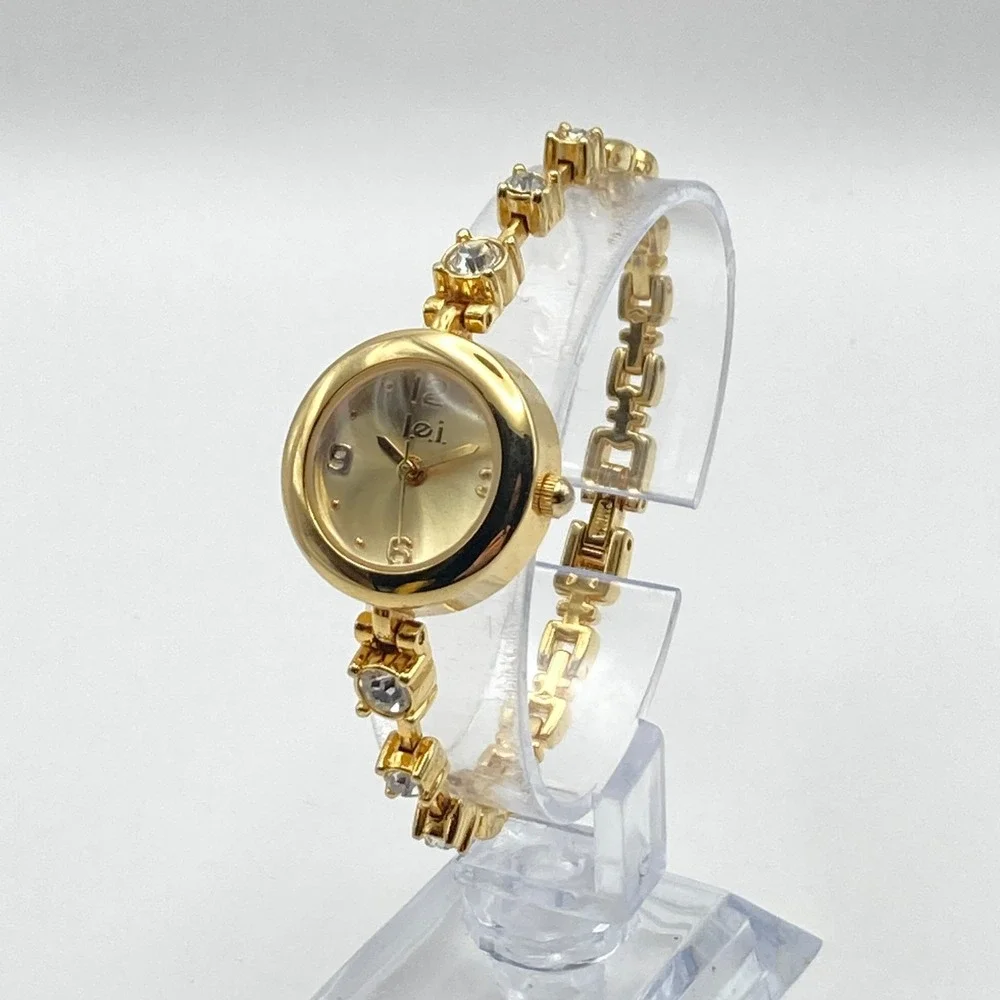Lei Women's Watch Tennis Bracelet Gold Tone 23mm Crystals New Battery SMALL 6